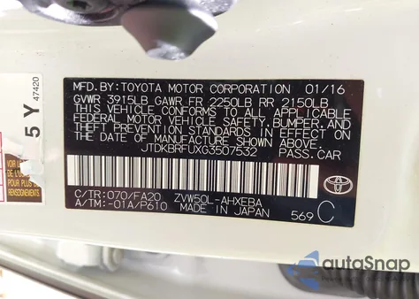 2016 Toyota Prius Two from USA, damaged, VIN JTDKBRFUXG3507532